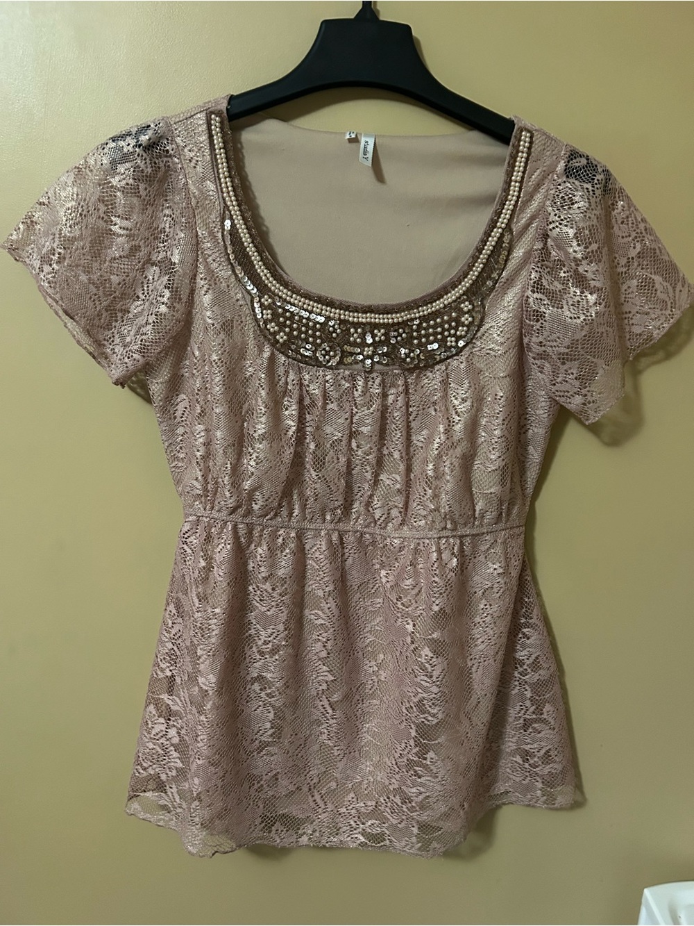 Studio Y Blush Lace Beaded Scoop Neck Blouse